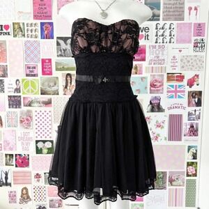 black lace strapless mini dress pink lining coquette goth